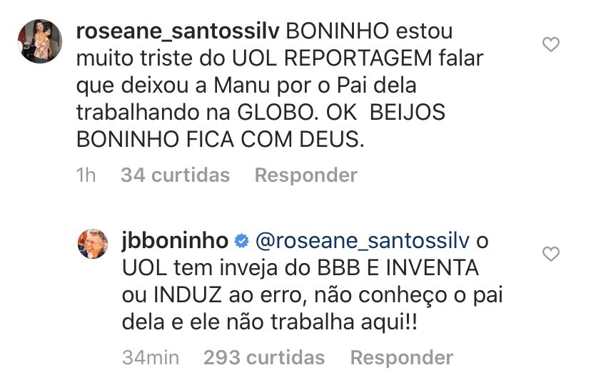 BBB20: Boninho atacou o portal UOL em um comentário (Foto: reprodução/Instagram)