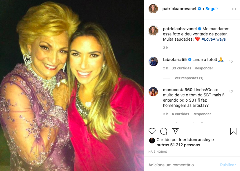 A famosa apresentadora do SBT e filha de Silvio Santos, Patricia Abravanel deixou os seus seguidores emocionados após confessar que sentia saudades de Hebe Camargo (Foto: Reprodução/Instagram)